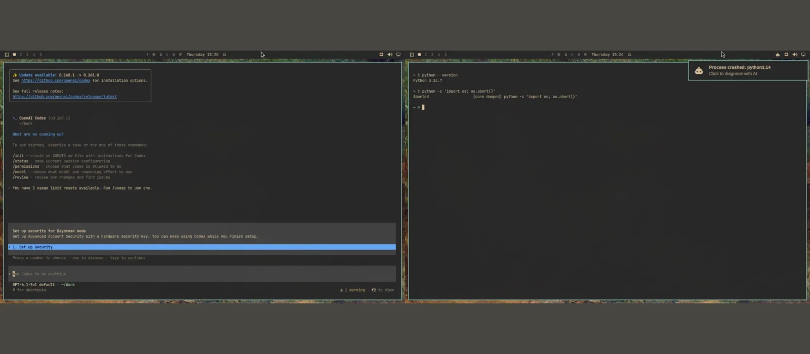 Omarchy Linux showing AI agent integration and AI-assisted process crash diagnosis