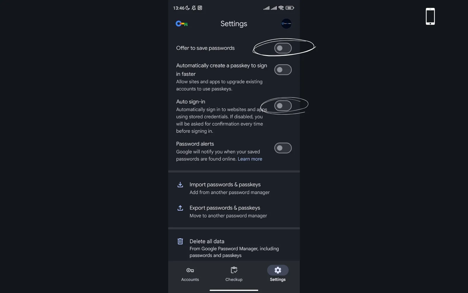 Google Password Manager settings on Android with Offer to save passwords turned off