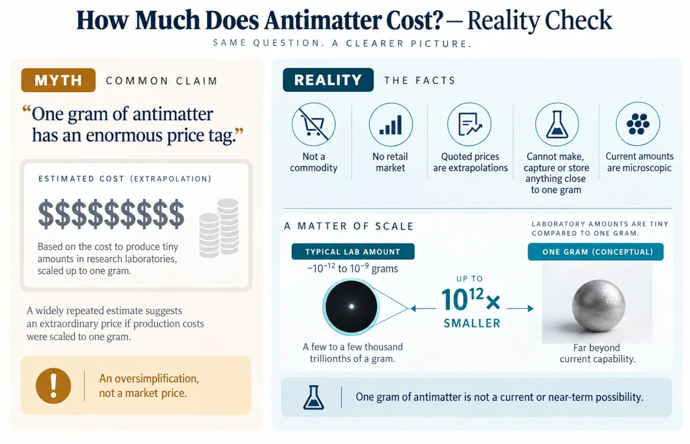Infographic explaining why antimatter has no retail price and why one gram is far beyond current production and storage capabilities