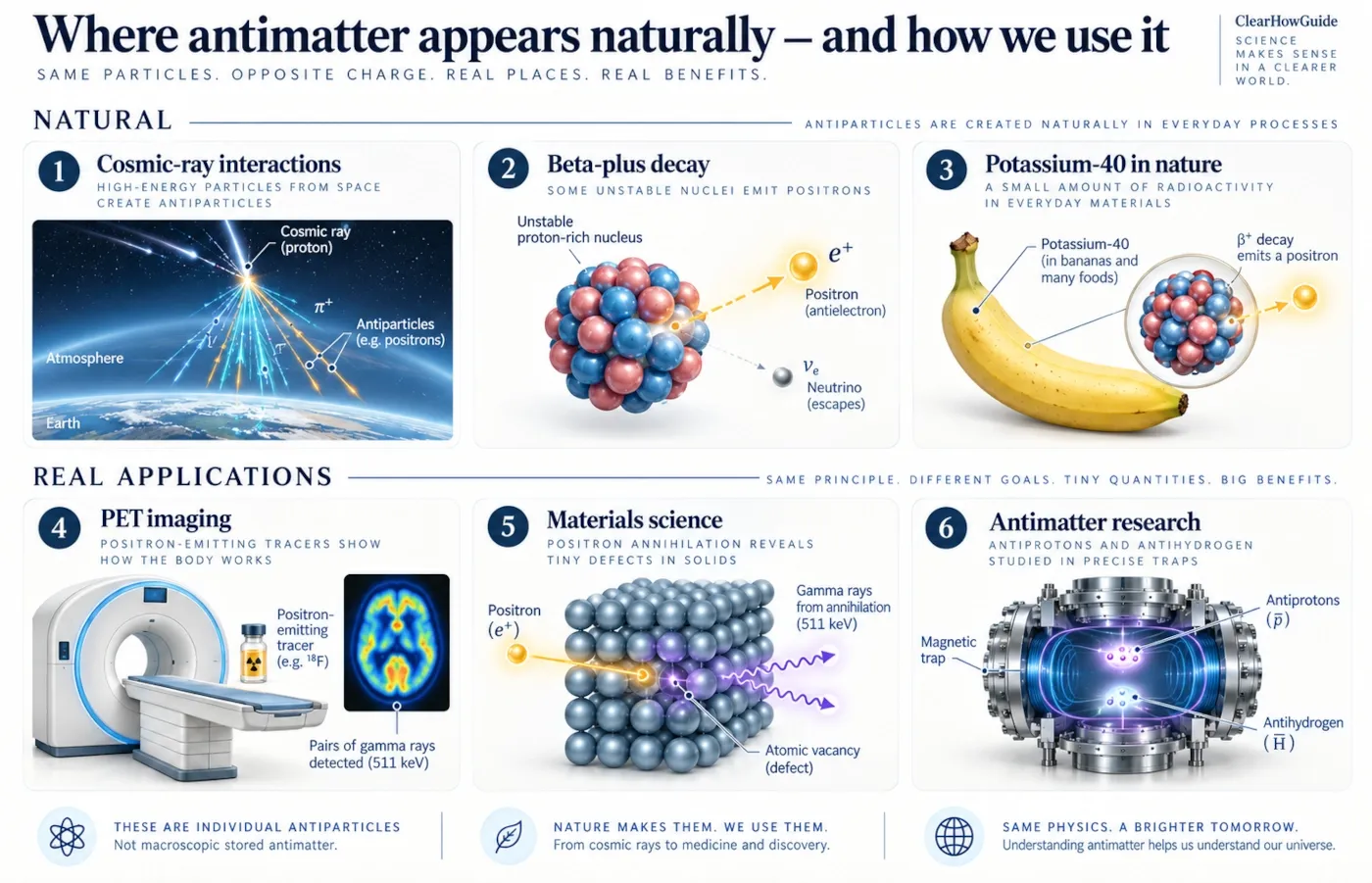 Infographic showing natural sources of positrons and real antimatter applications including PET imaging, materials science and fundamental physics