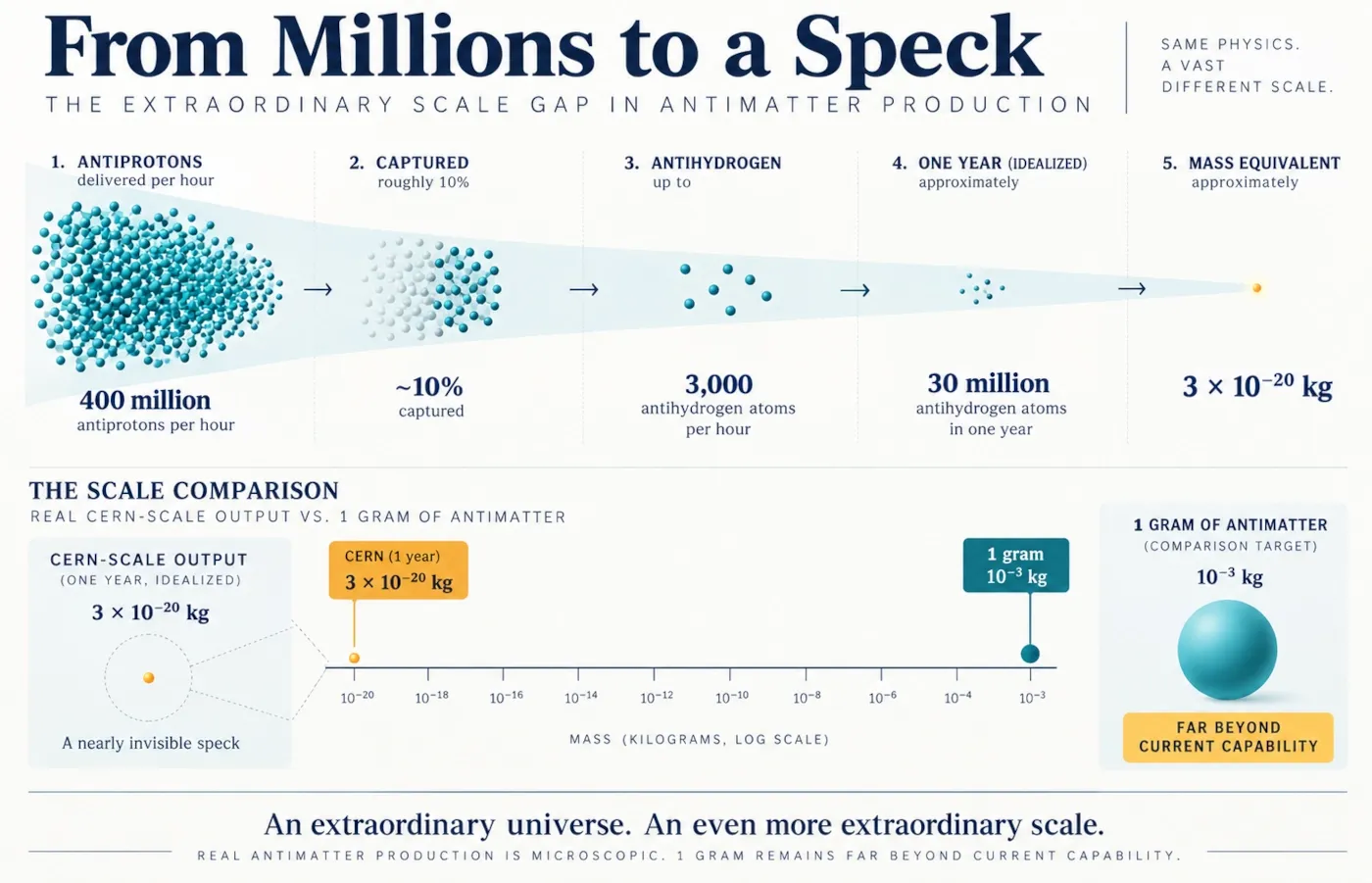 Scale comparison showing the microscopic amount of antimatter CERN can produce compared with one gram