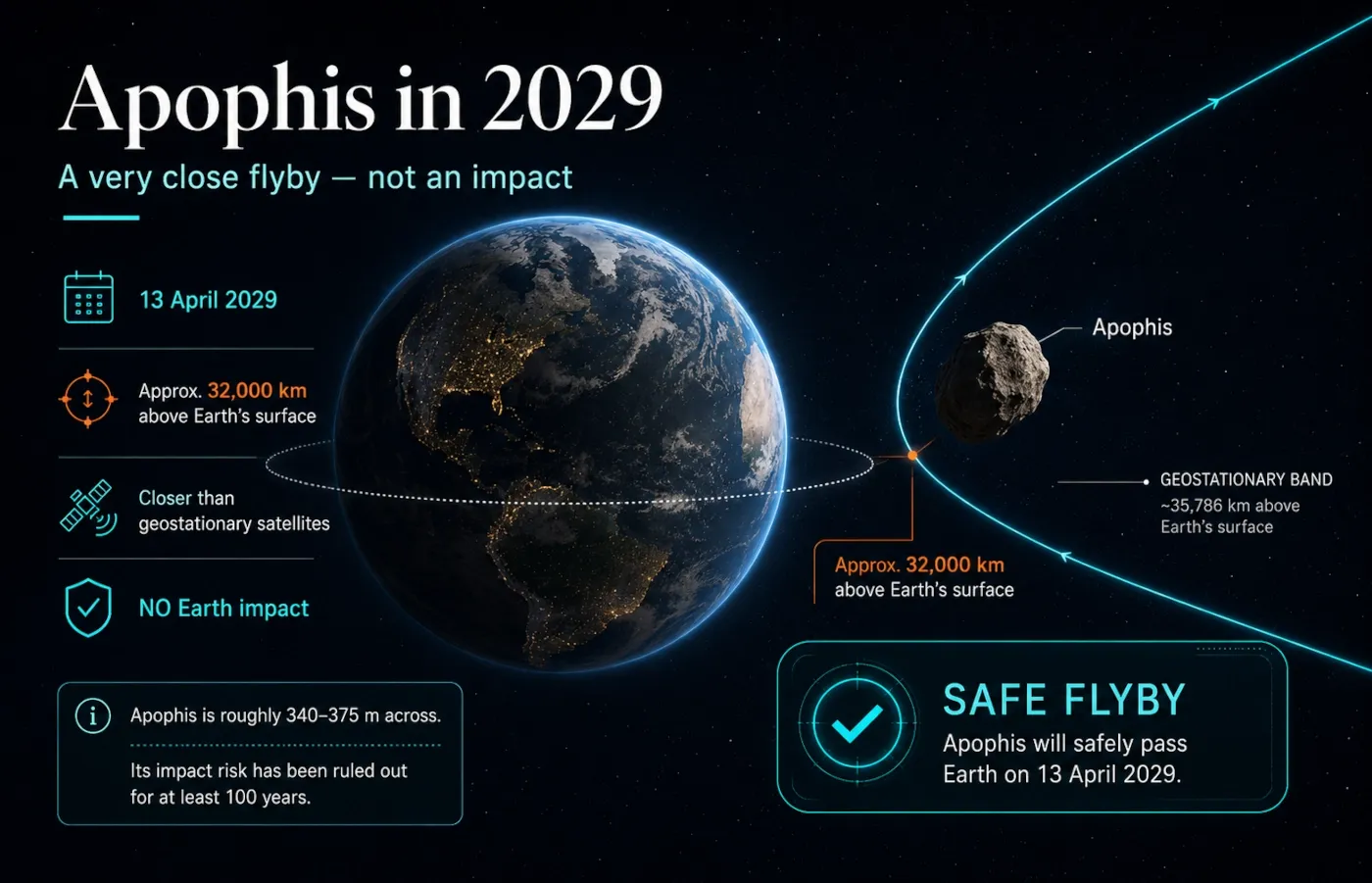 Illustration showing the safe 2029 trajectory of Apophis past Earth and the approximate geosynchronous satellite distance