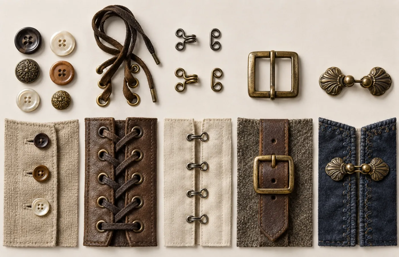 Buttons, laces, hooks, eyes and clasps used before the zipper became common