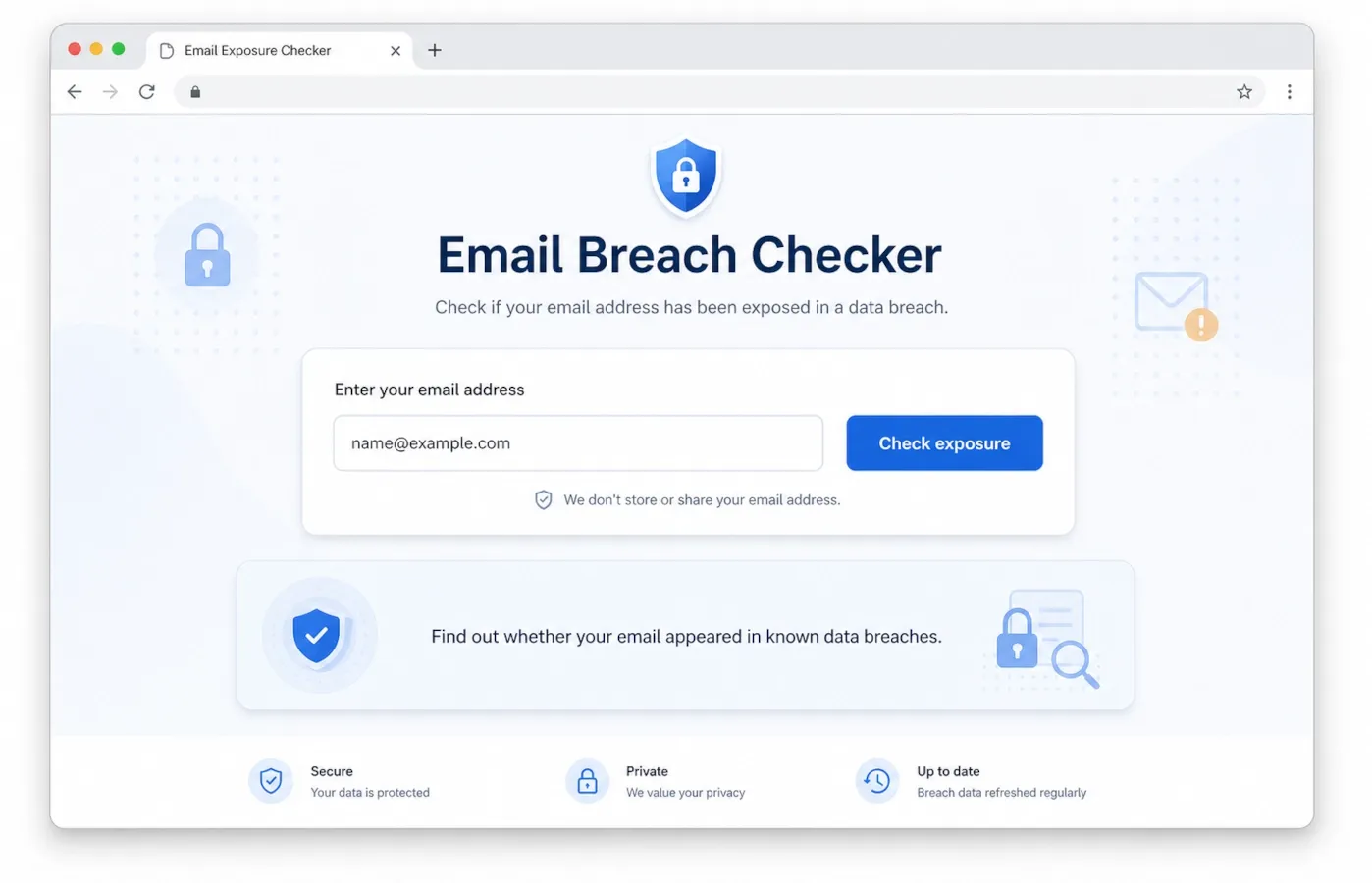 Breach checker search screen for checking whether an email appeared in a data breach