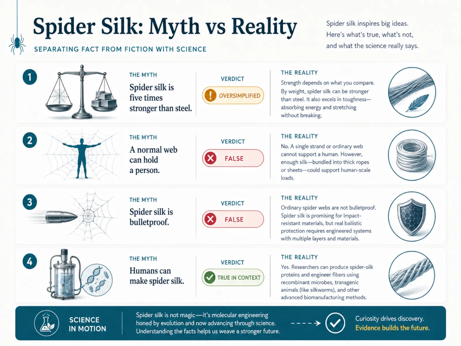 Myth-versus-reality infographic about common claims on spider silk strength