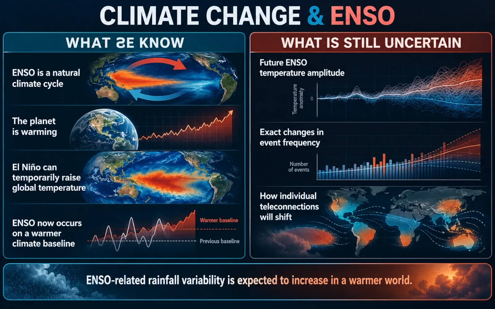Infographic separating established findings from remaining uncertainties about climate change and ENSO