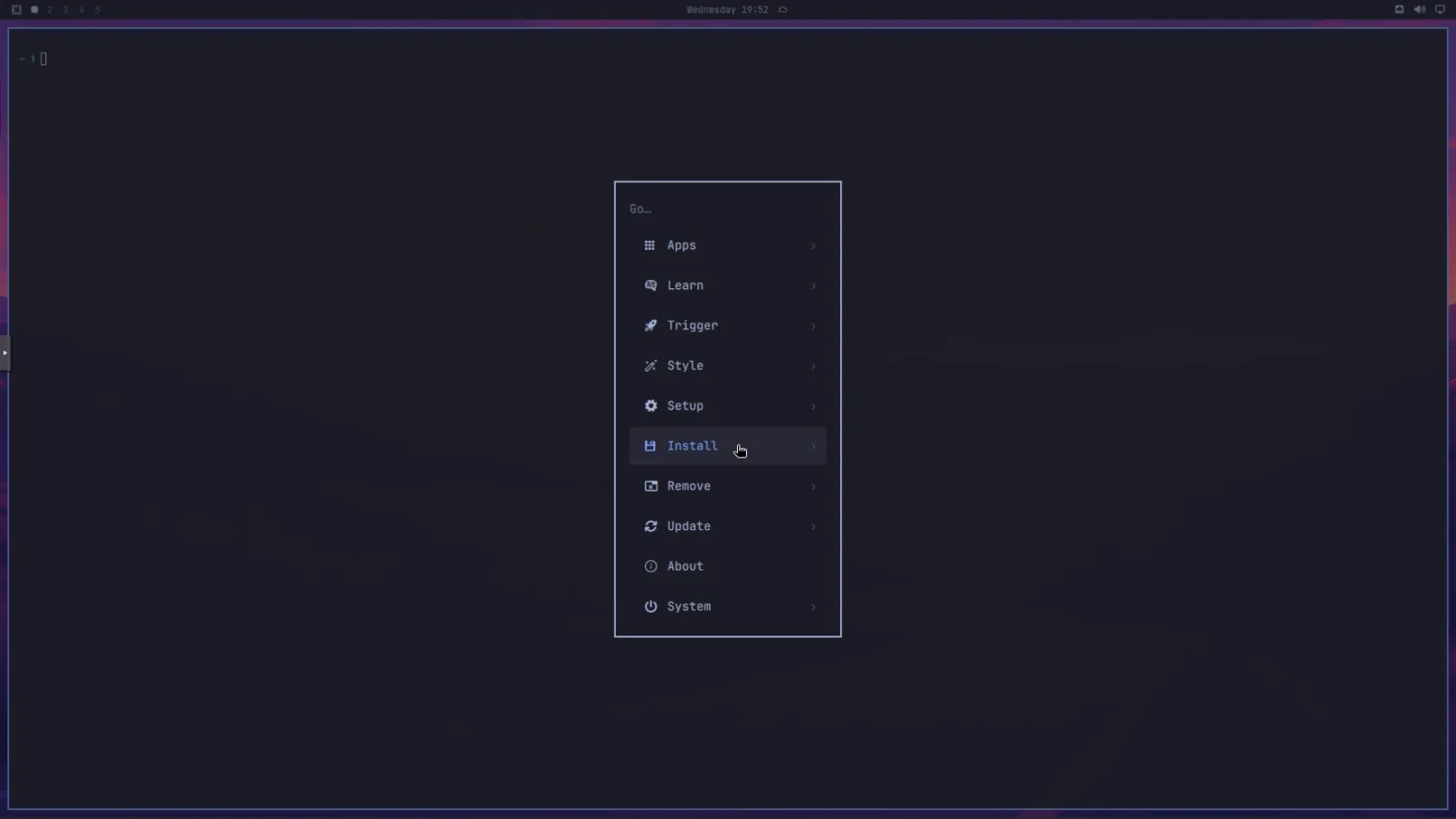 Omarchy Super Space command menu showing system actions and application management