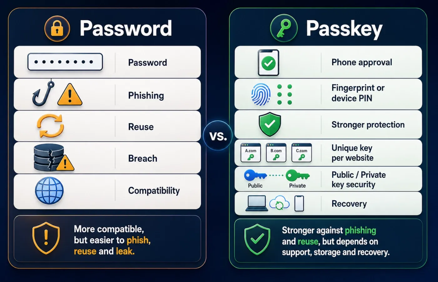 Passkey vs password comparison table showing phishing, reuse, recovery and compatibility differences