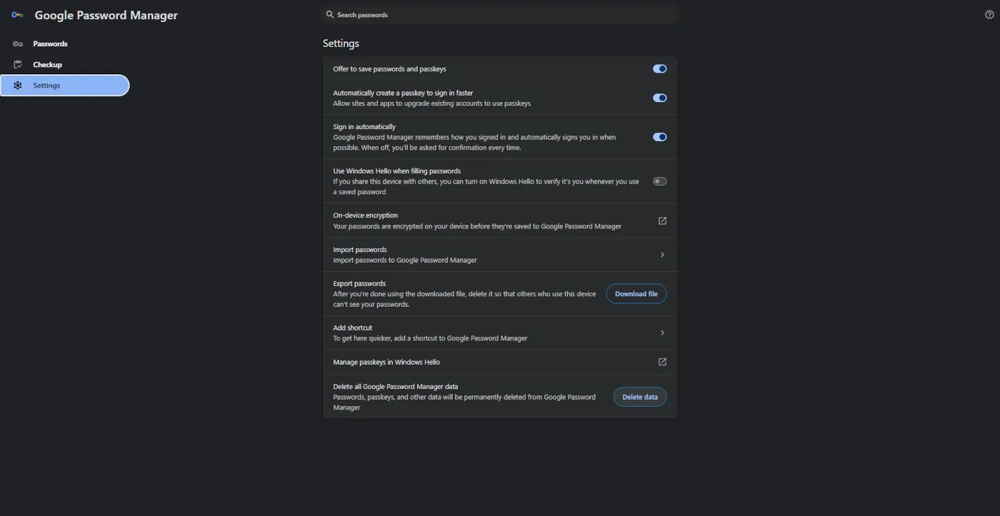 Google Password Manager settings showing the Delete all Google Password Manager data option