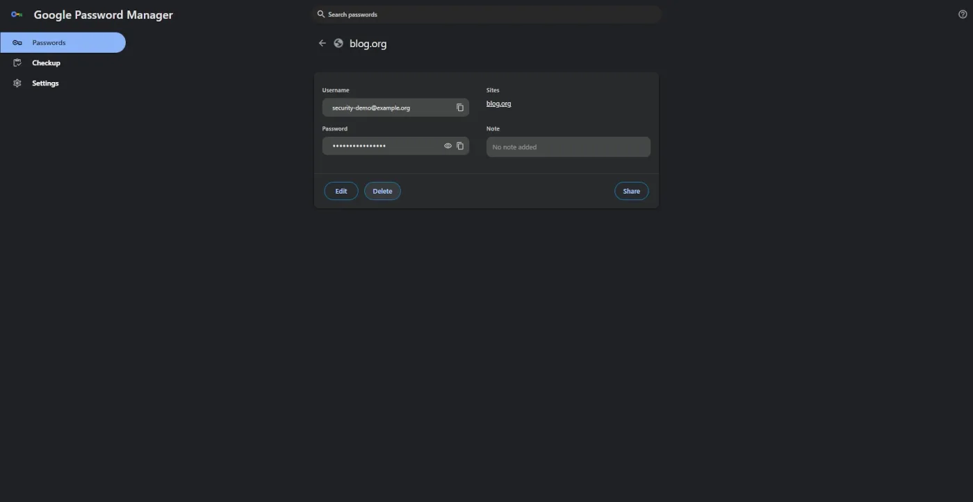Deleting one saved credential from Google Password Manager