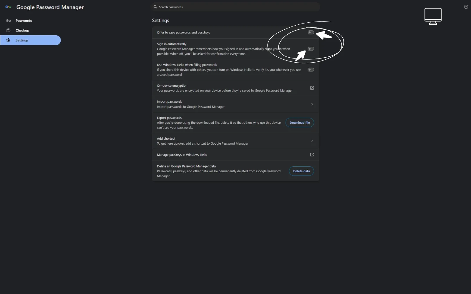 Google Password Manager desktop settings with Offer to save passwords and passkeys turned off