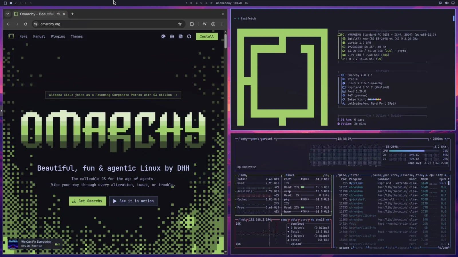 Omarchy Linux desktop with tiled terminal, Chromium browser and btop system monitor