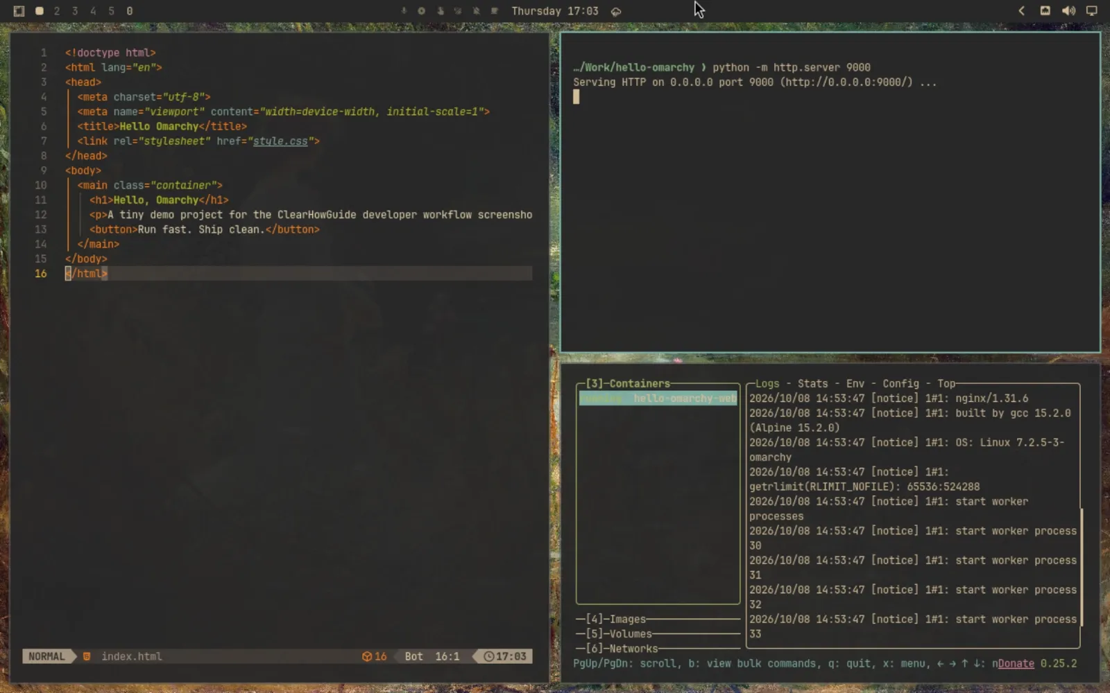 Omarchy developer workspace with code editor, terminal, Docker tools and AI agent