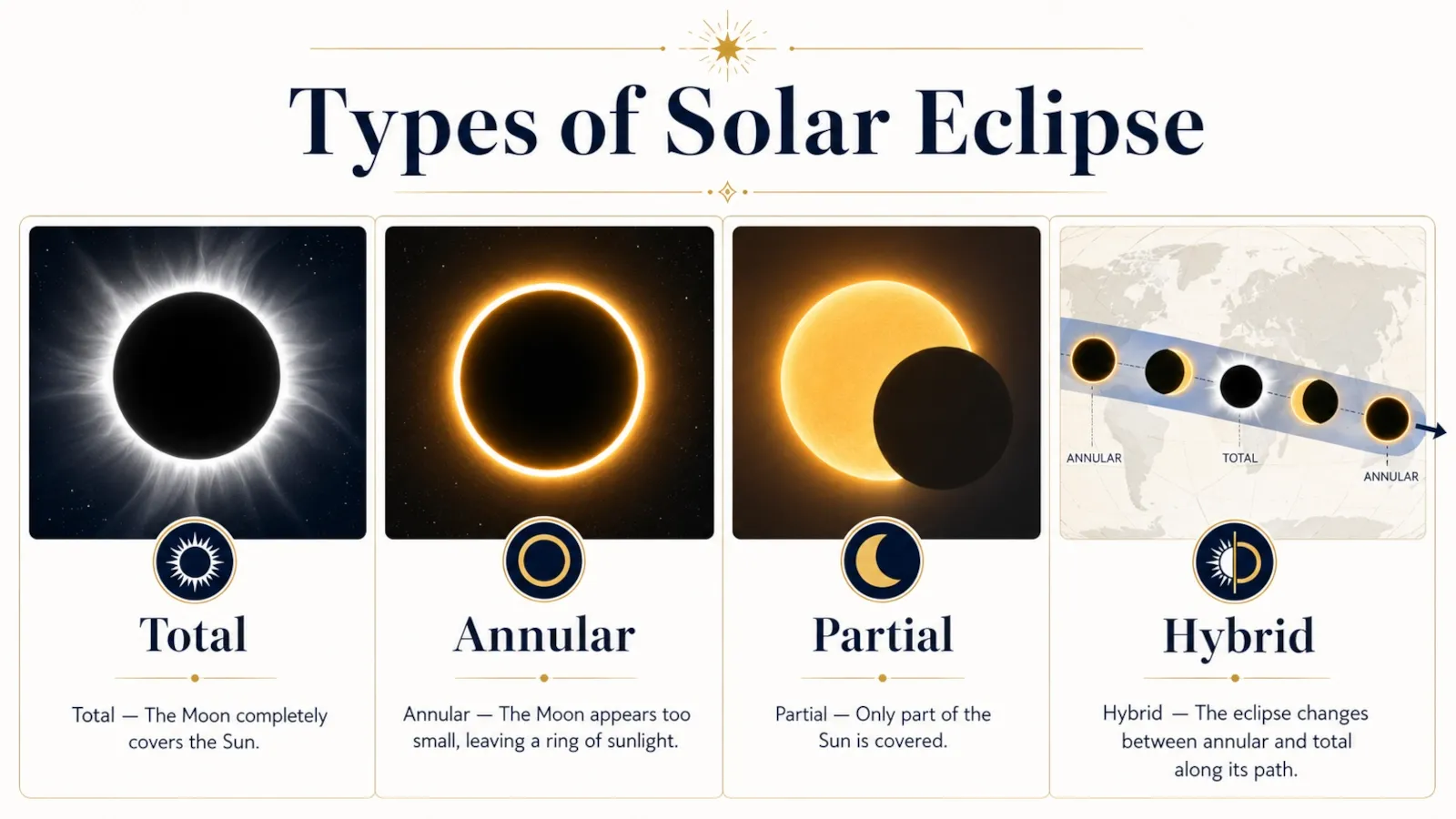Comparison of total, annular, partial and hybrid solar eclipses
