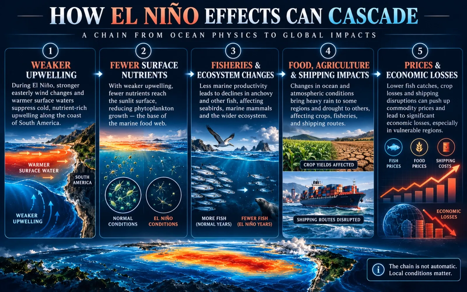 Infographic showing how El Niño can affect upwelling, fisheries, agriculture, shipping and prices