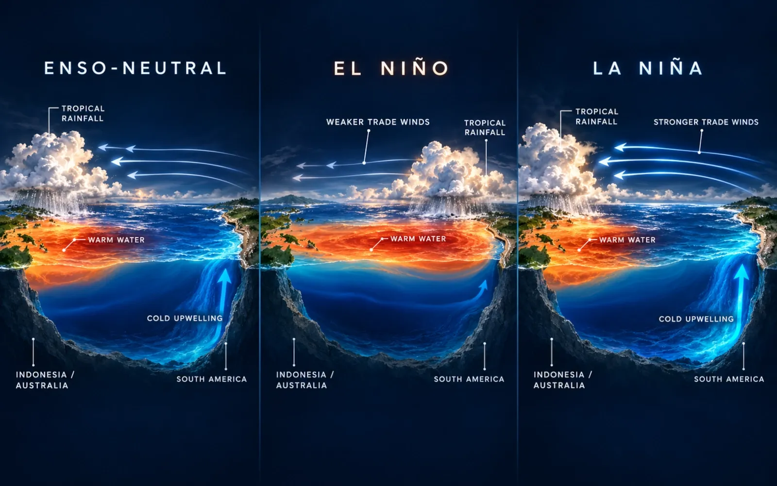 Normal, El Niño and La Niña circulation patterns across the tropical Pacific