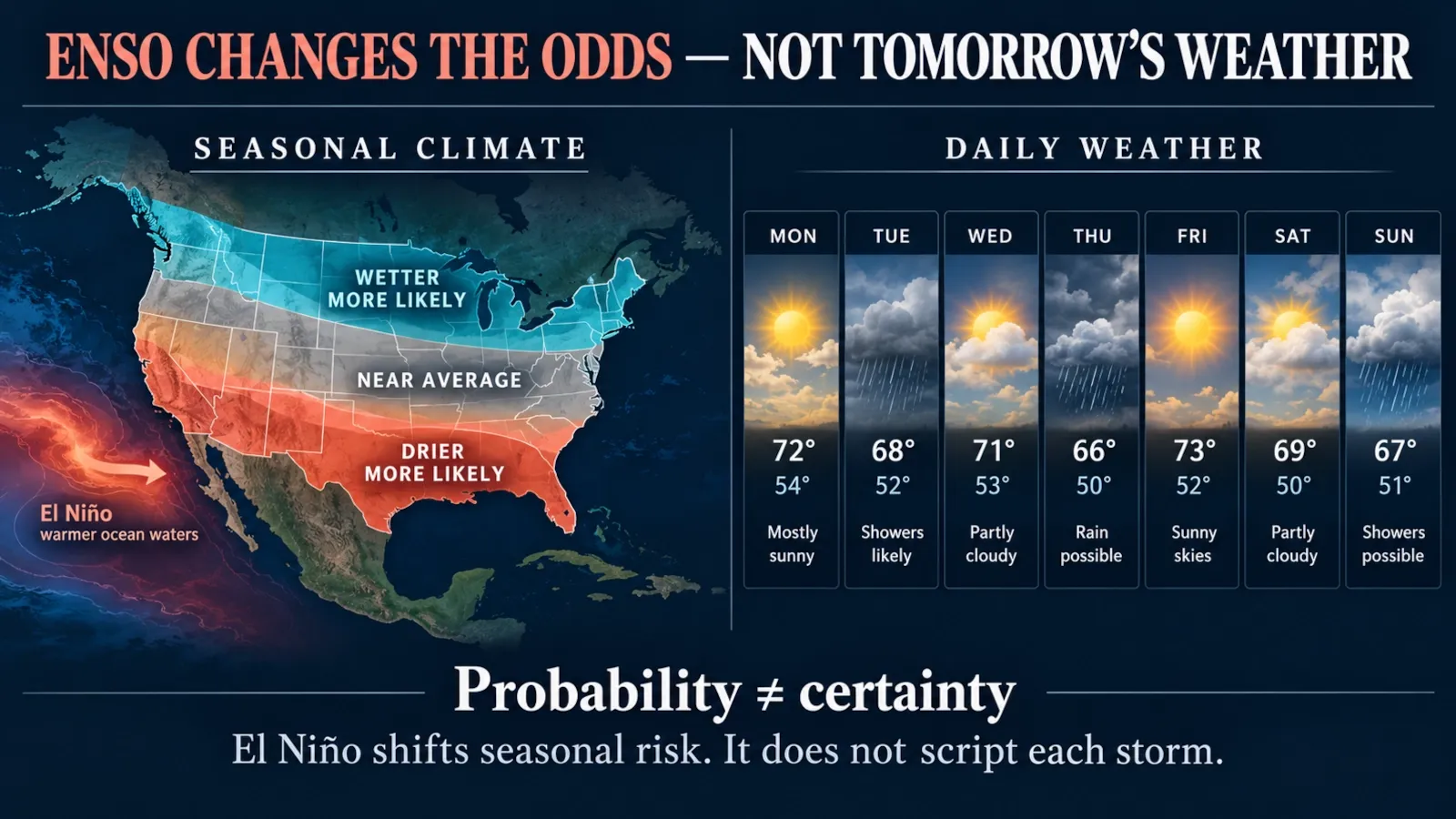 Infographic explaining that ENSO shifts seasonal weather probabilities rather than predicting individual weather events