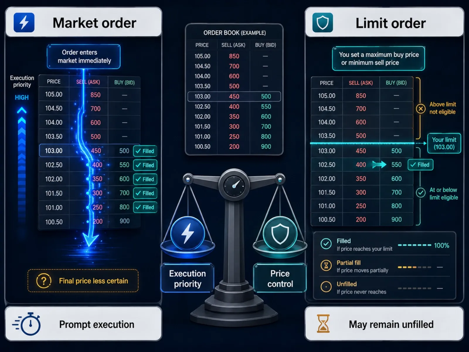 Comparison showing that market orders prioritize execution while limit orders prioritize price control