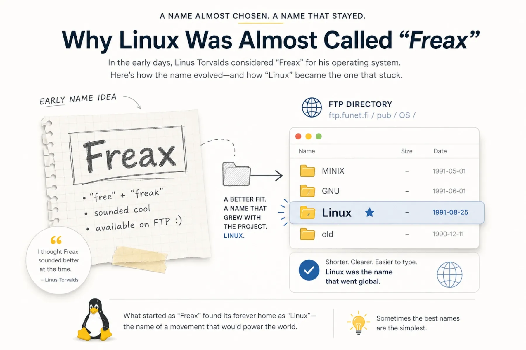 Illustration showing how the original name Freax gave way to Linux.