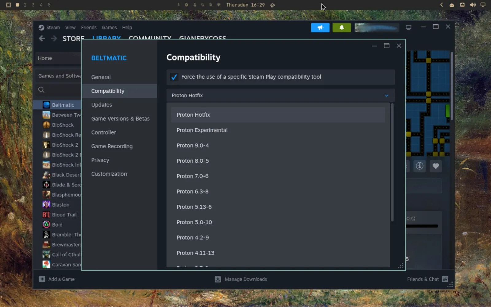 Steam running on Omarchy Linux with Proton compatibility settings open