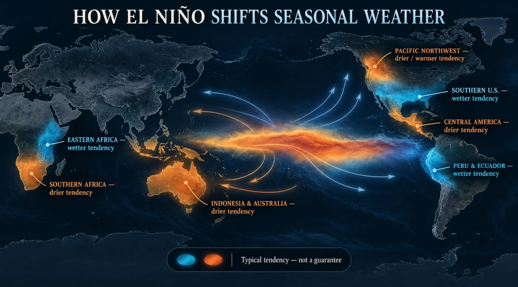 World map showing typical seasonal teleconnections associated with El Niño and La Niña