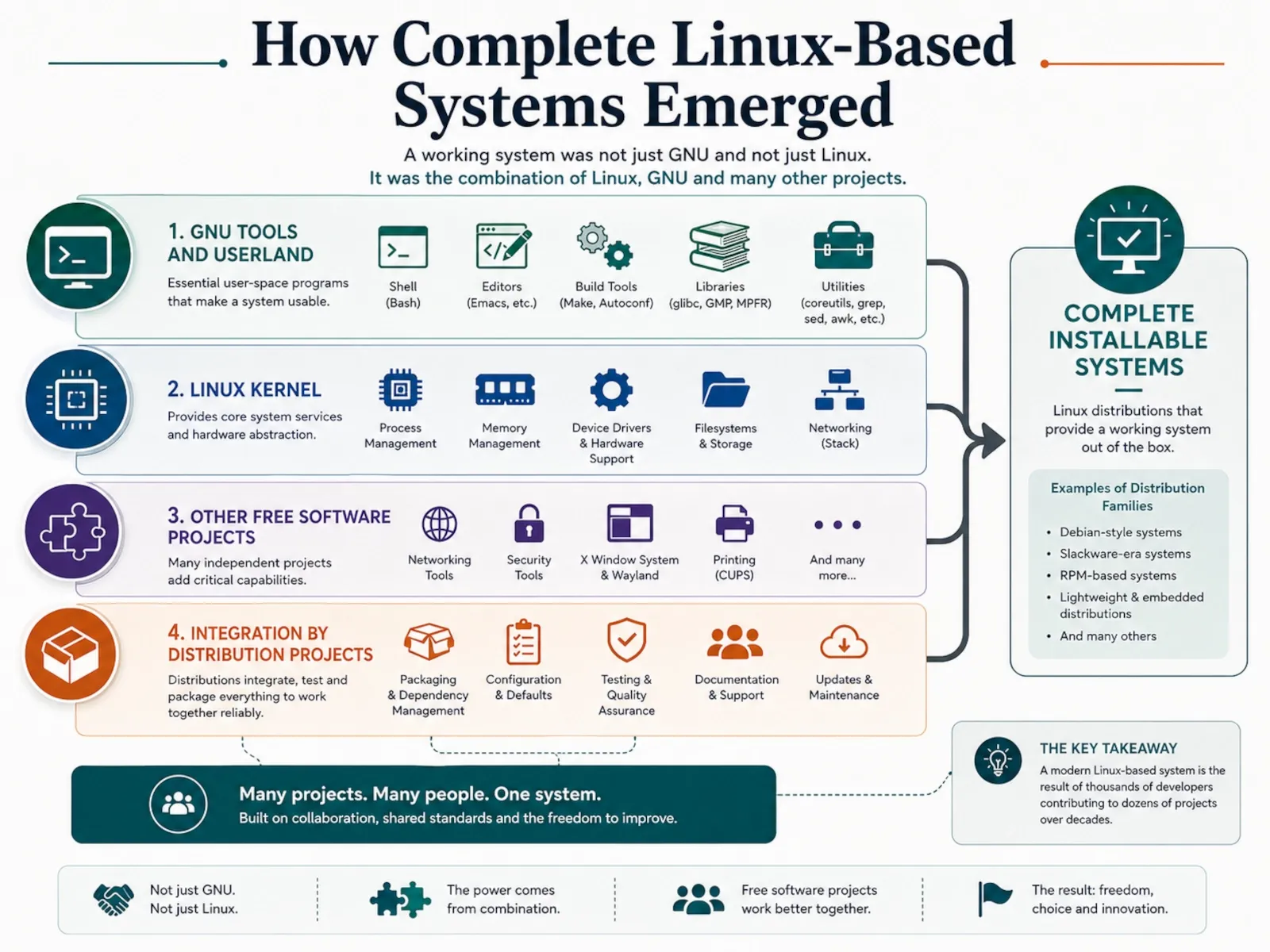 Layered diagram showing GNU tools, the Linux kernel and other free software projects combining into complete installable distributions.