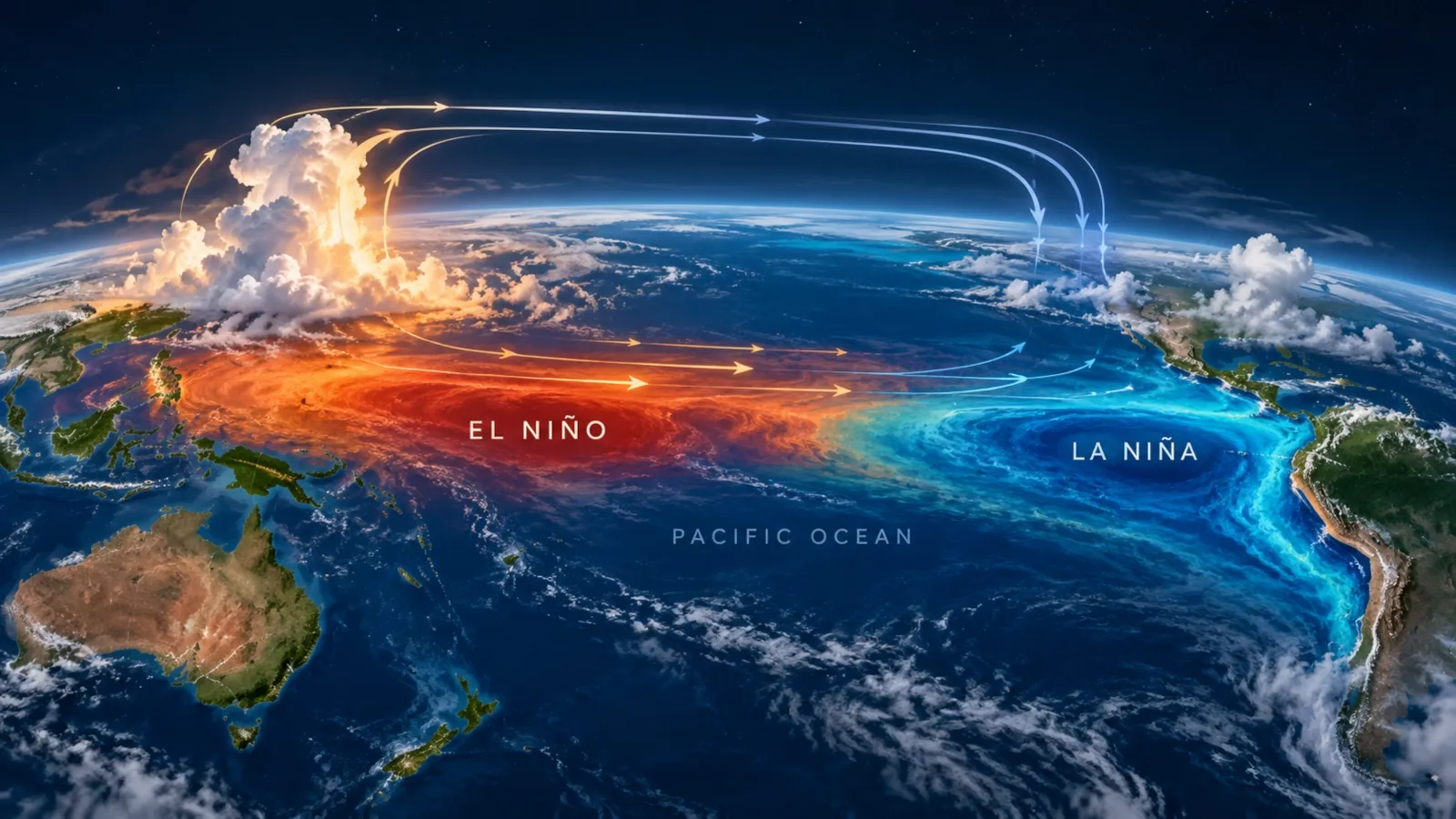 Illustration of El Niño and La Niña circulation patterns across the tropical Pacific Ocean