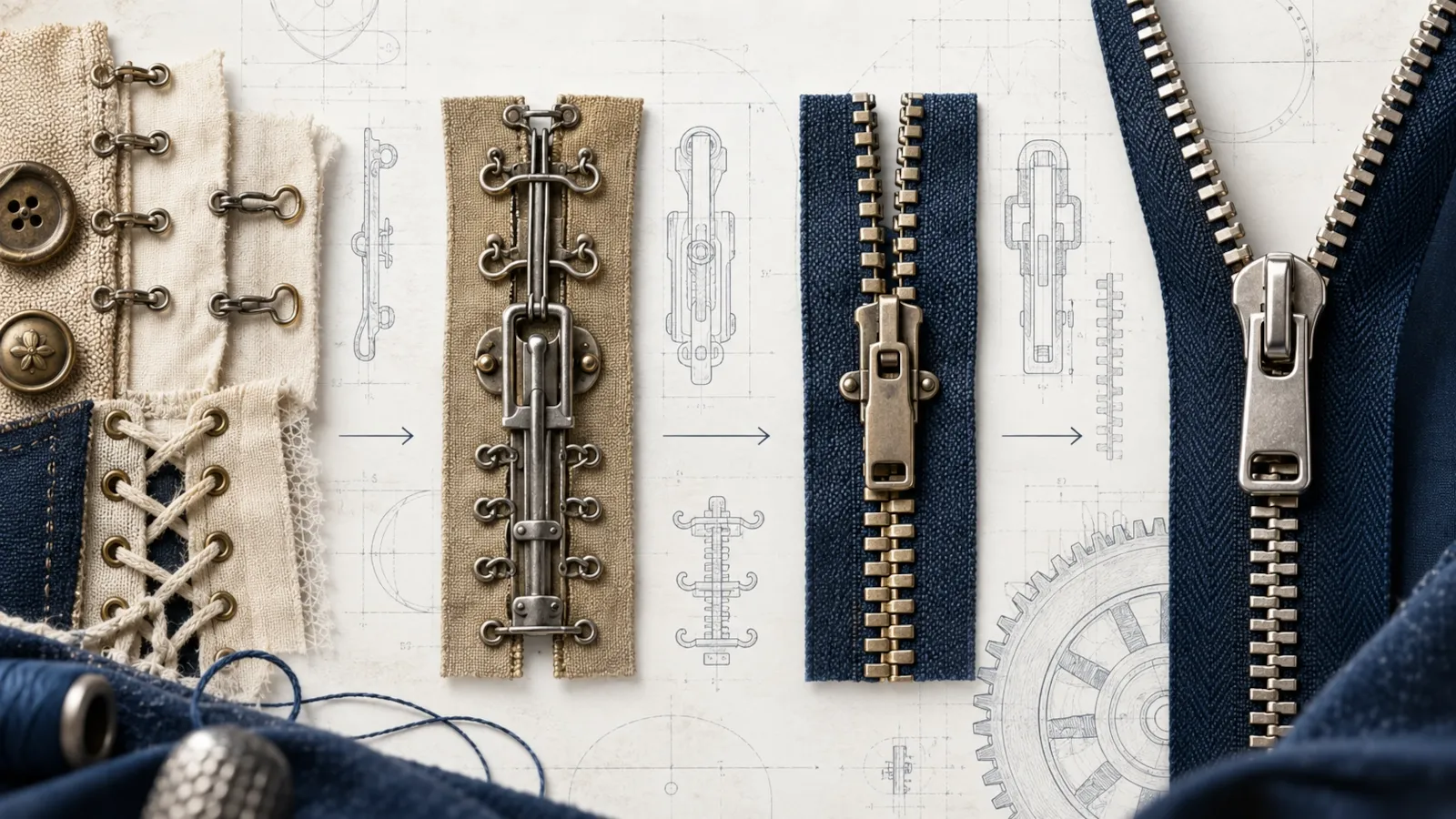 Historical zipper designs progressing from early clasp fasteners to a modern interlocking zipper