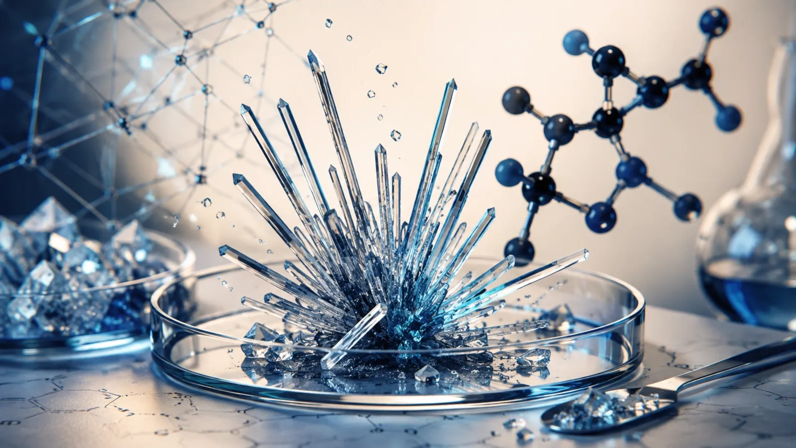 Needle-like pharmaceutical crystals forming beside a molecular model in a laboratory setting