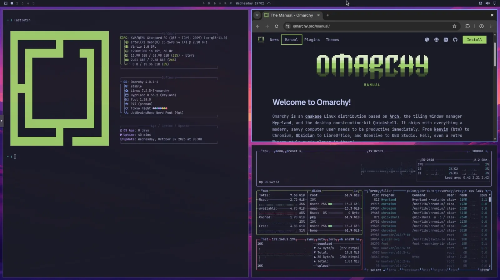 Omarchy Linux desktop with tiled terminal, browser and system monitor windows