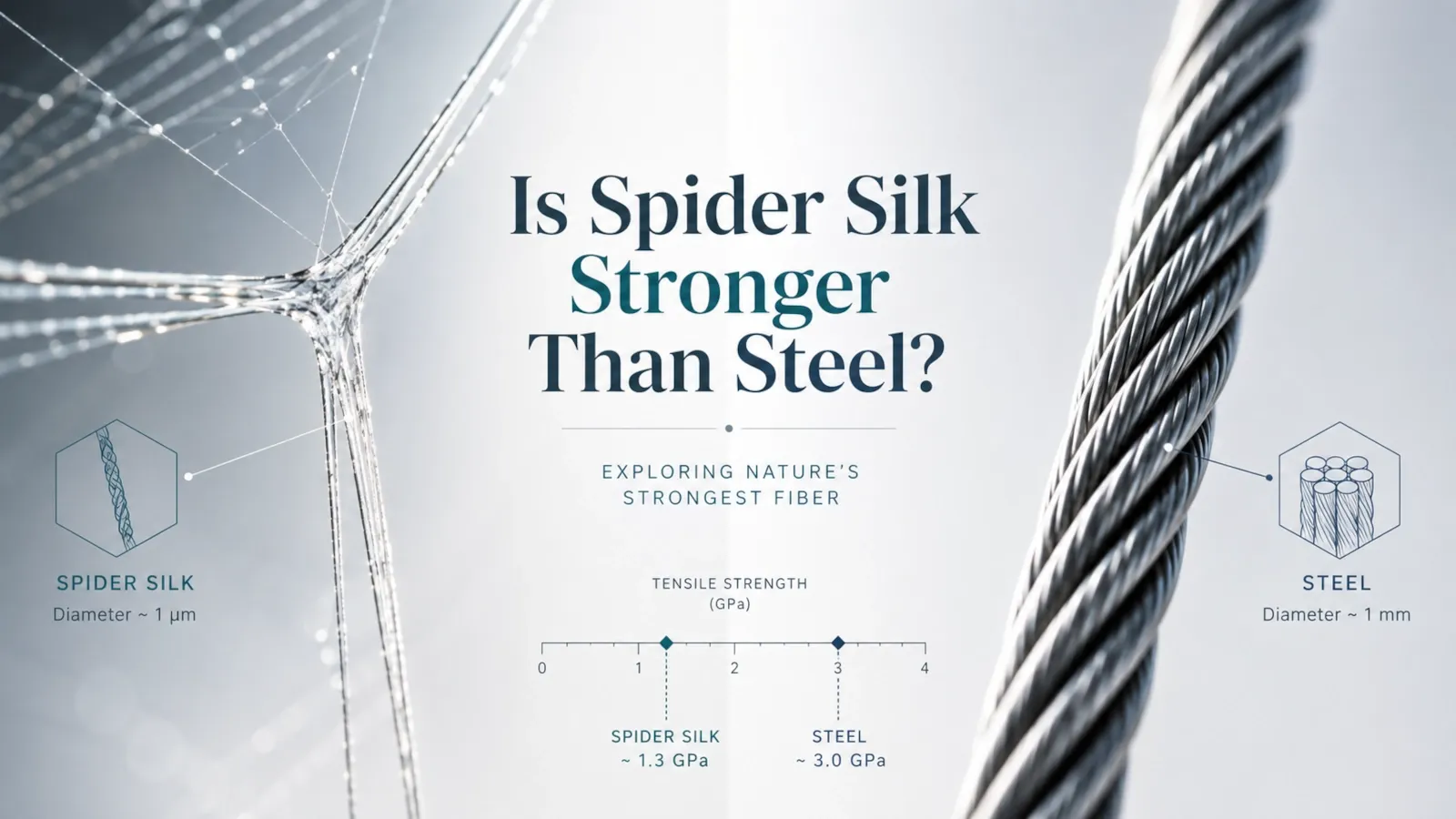 Spider dragline silk and a steel cable shown side by side in a scientific comparison