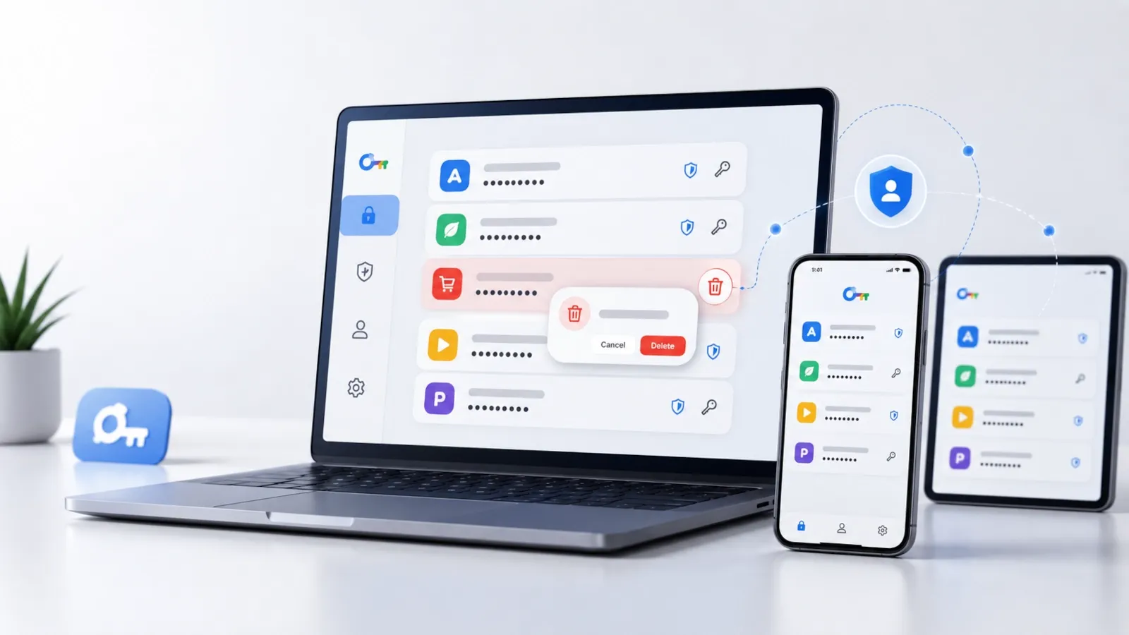 Google Password Manager concept showing saved credentials, a Google Account, and secure password deletion