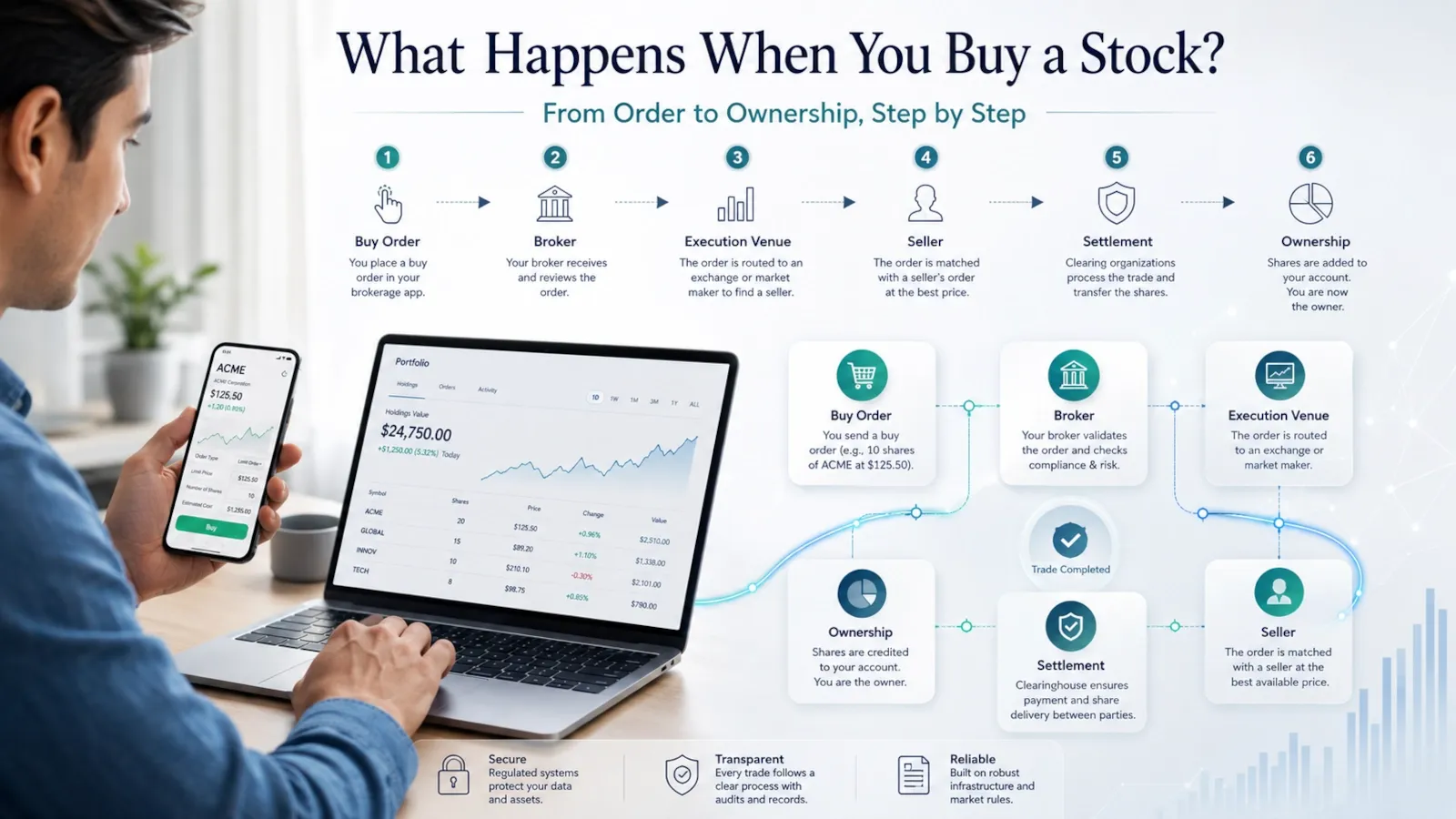 Investor placing a stock order while the trade moves through a broker, execution venue and settlement system