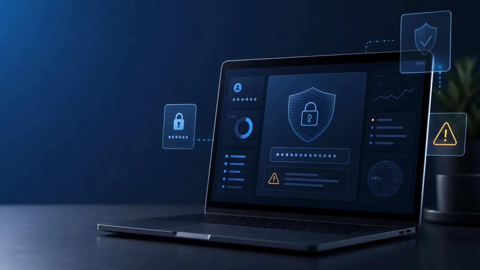 Laptop displaying a password leak warning with shield and lock icons