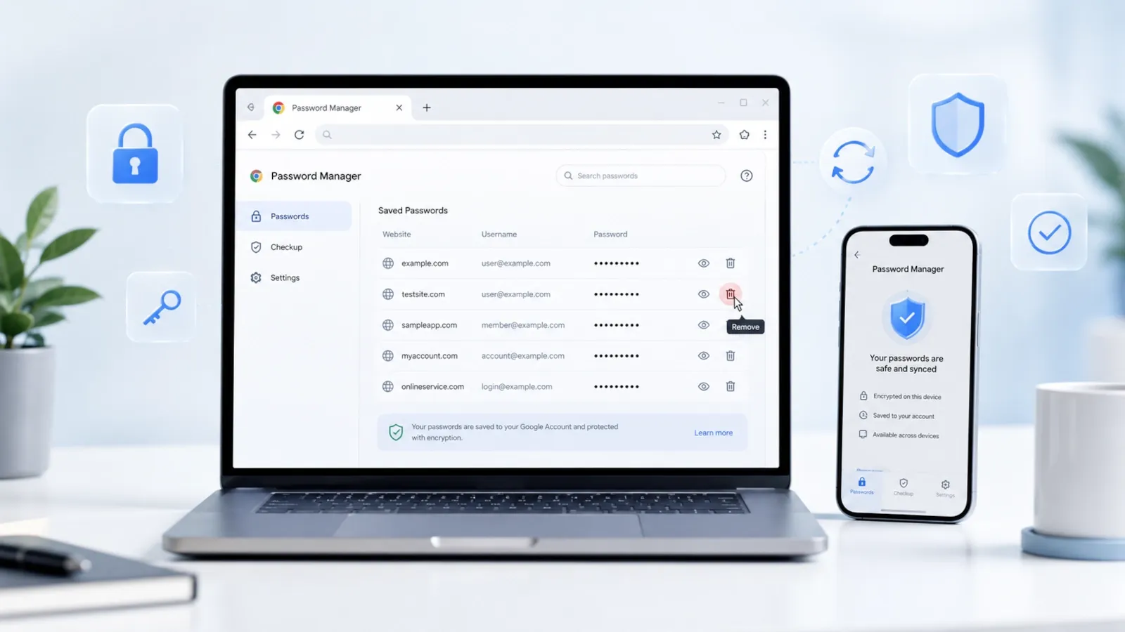 Chrome password manager screen with security and privacy icons
