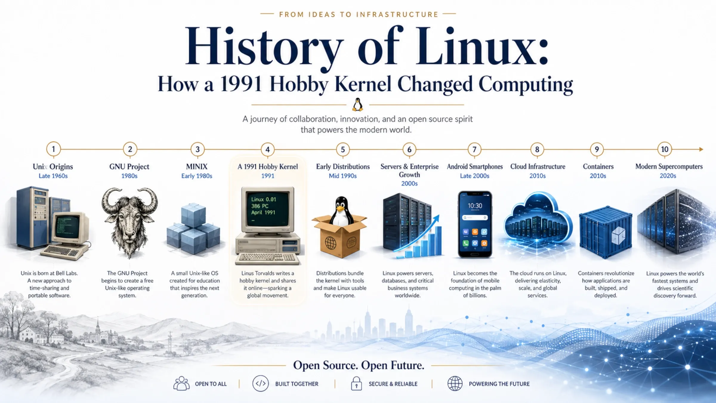 Editorial illustration showing the history of Linux from Unix and GNU to modern servers, Android, cloud computing and supercomputers.