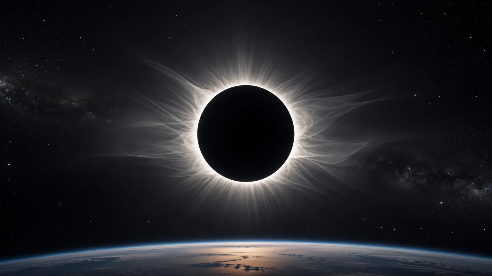 Total solar eclipse with the Moon covering the Sun and the white solar corona visible