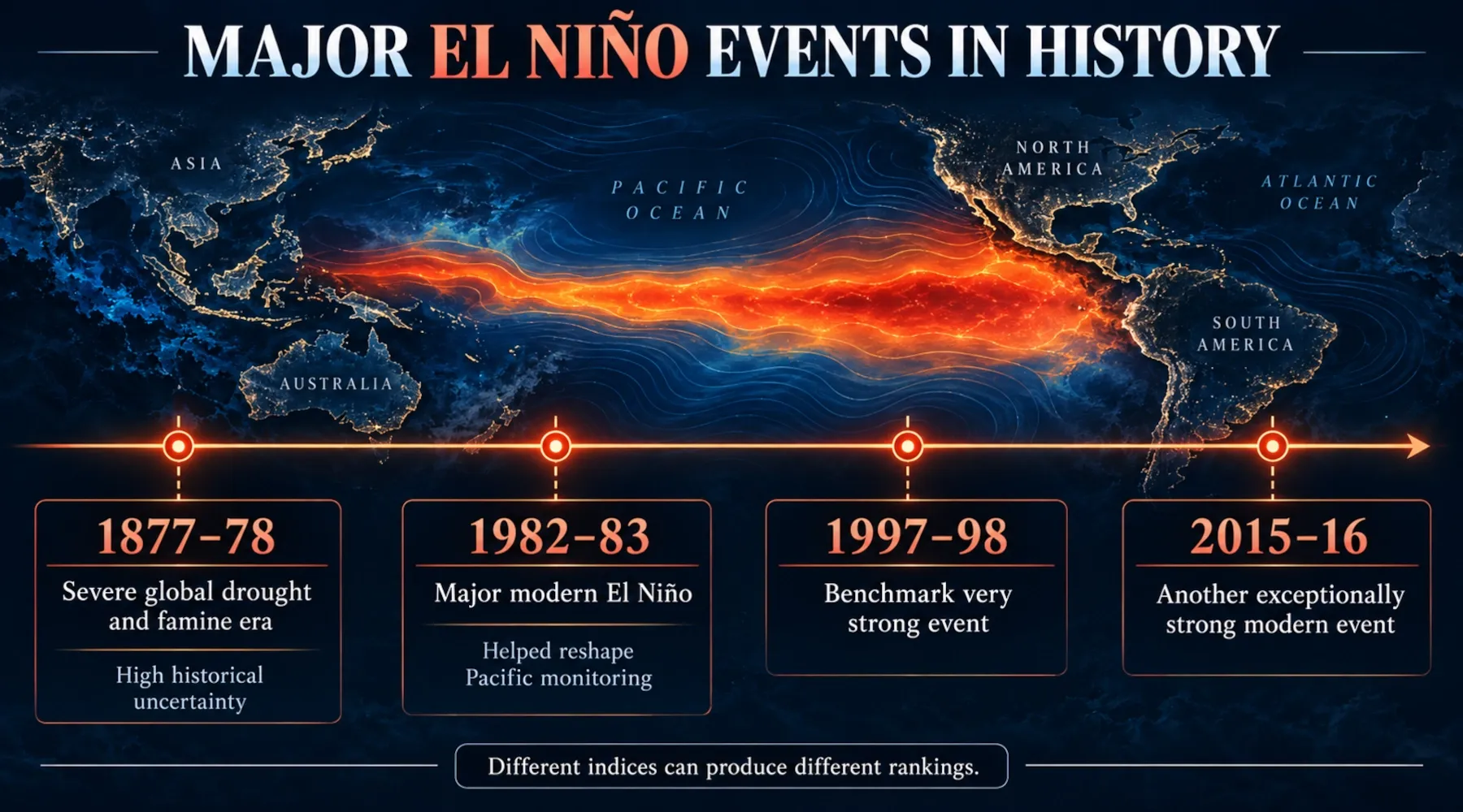 Timeline of major historical El Niño events, including 1877–78, 1982–83, 1997–98 and 2015–16
