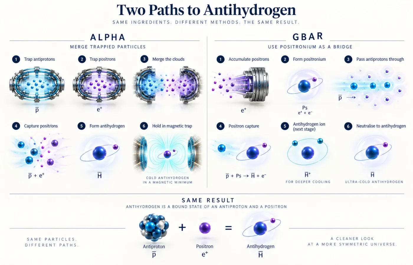 Infographic comparing how ALPHA and GBAR create antihydrogen from antiprotons and positrons