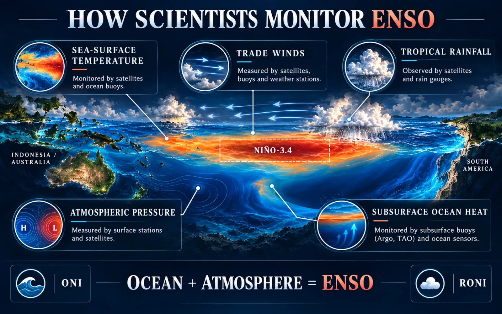 Diagram showing the Niño-3.4 region and the main ocean and atmosphere indicators used to monitor ENSO