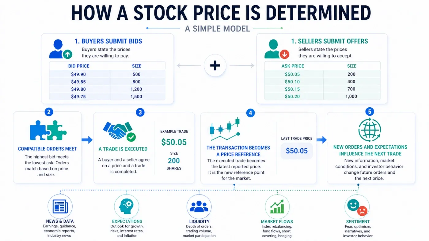 Diagram showing buyers’ bids and sellers’ offers matching to produce an executed trade and a new stock price