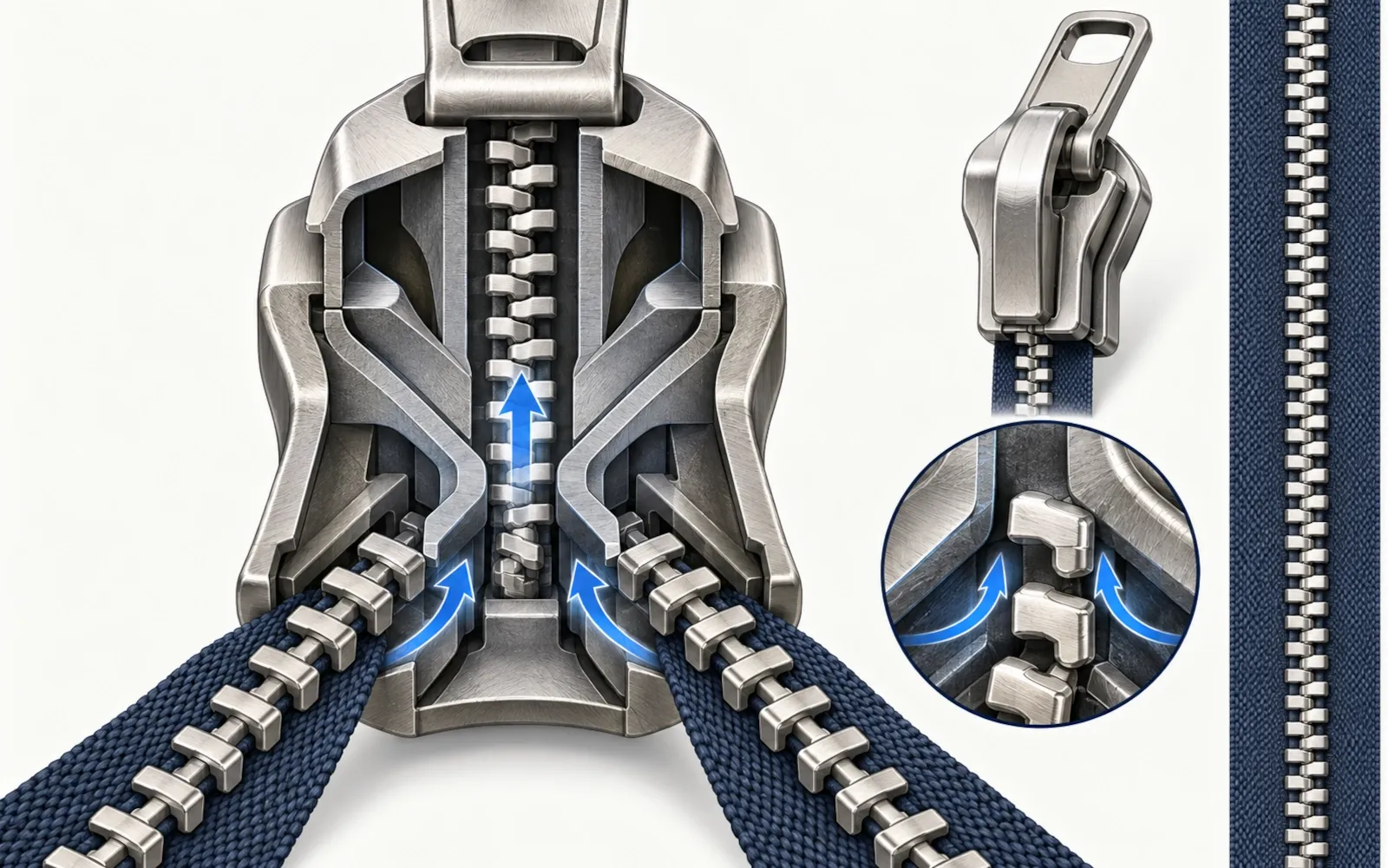 Cutaway diagram showing how a Y-shaped zipper slider joins two rows of interlocking elements