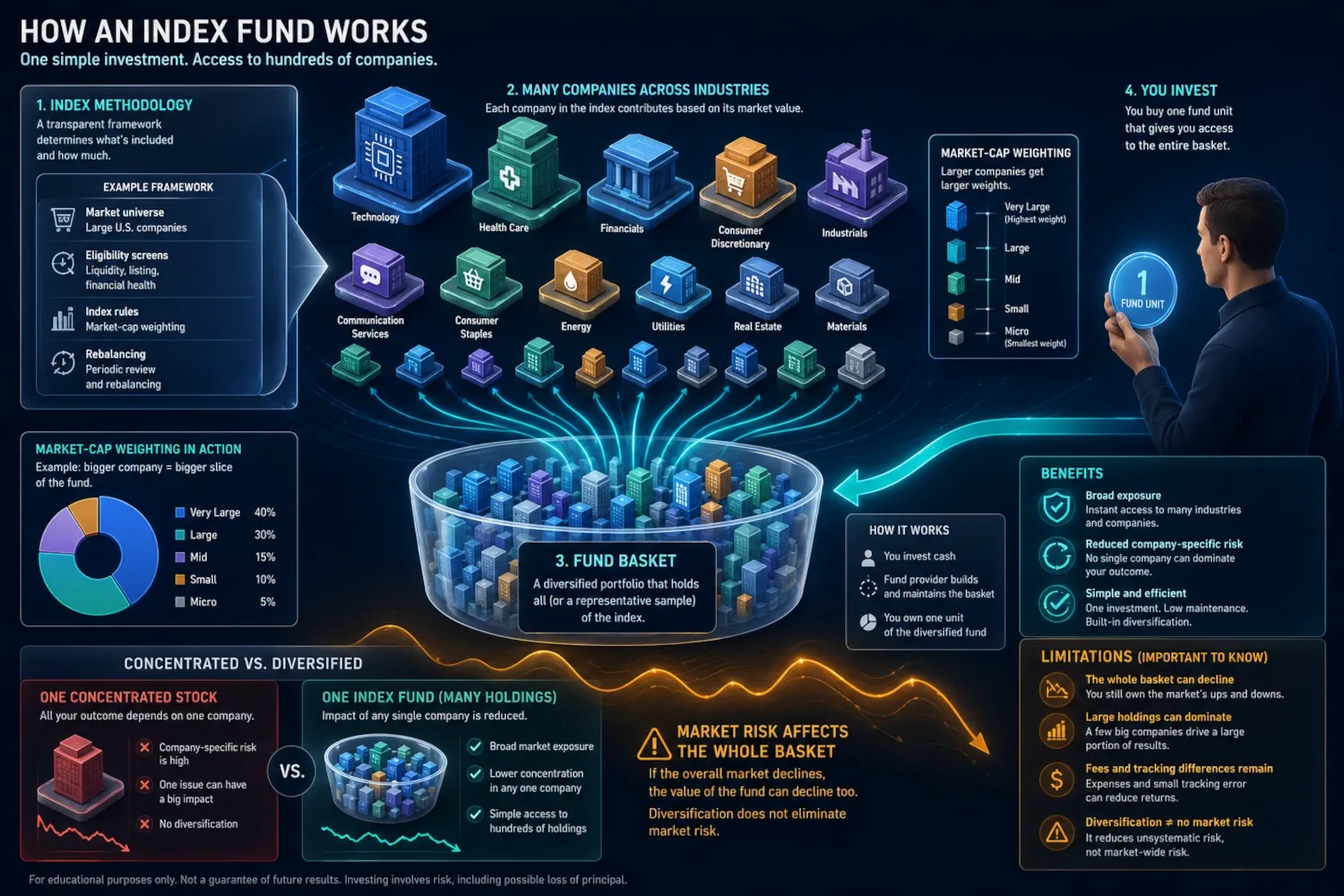 Index fund collecting many company shares into one diversified investment while retaining market risk