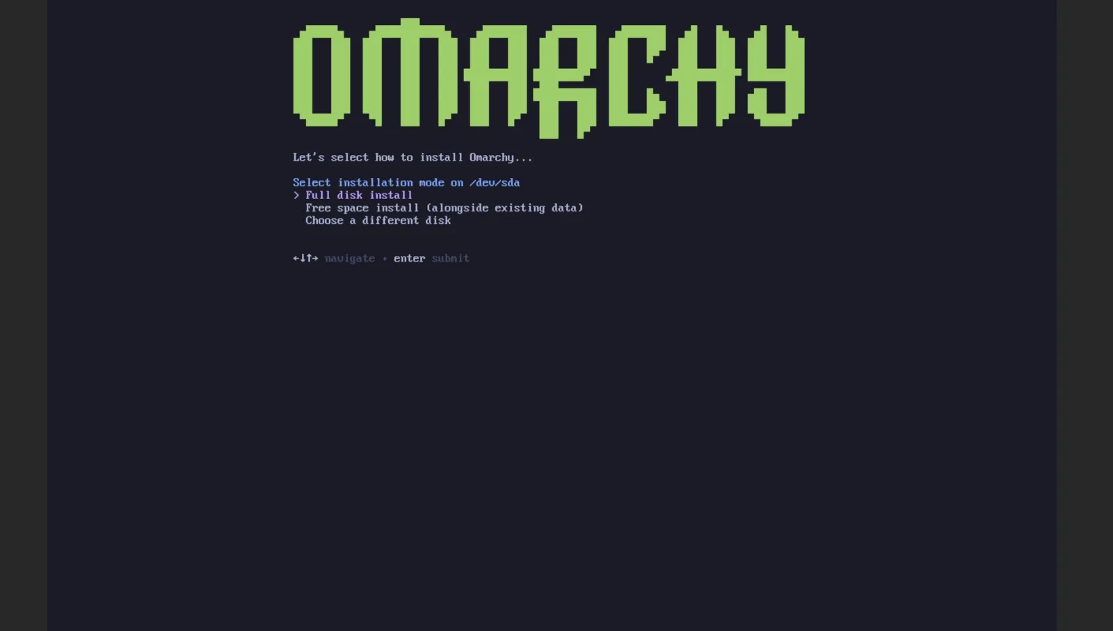 Omarchy installer showing disk installation options before system installation