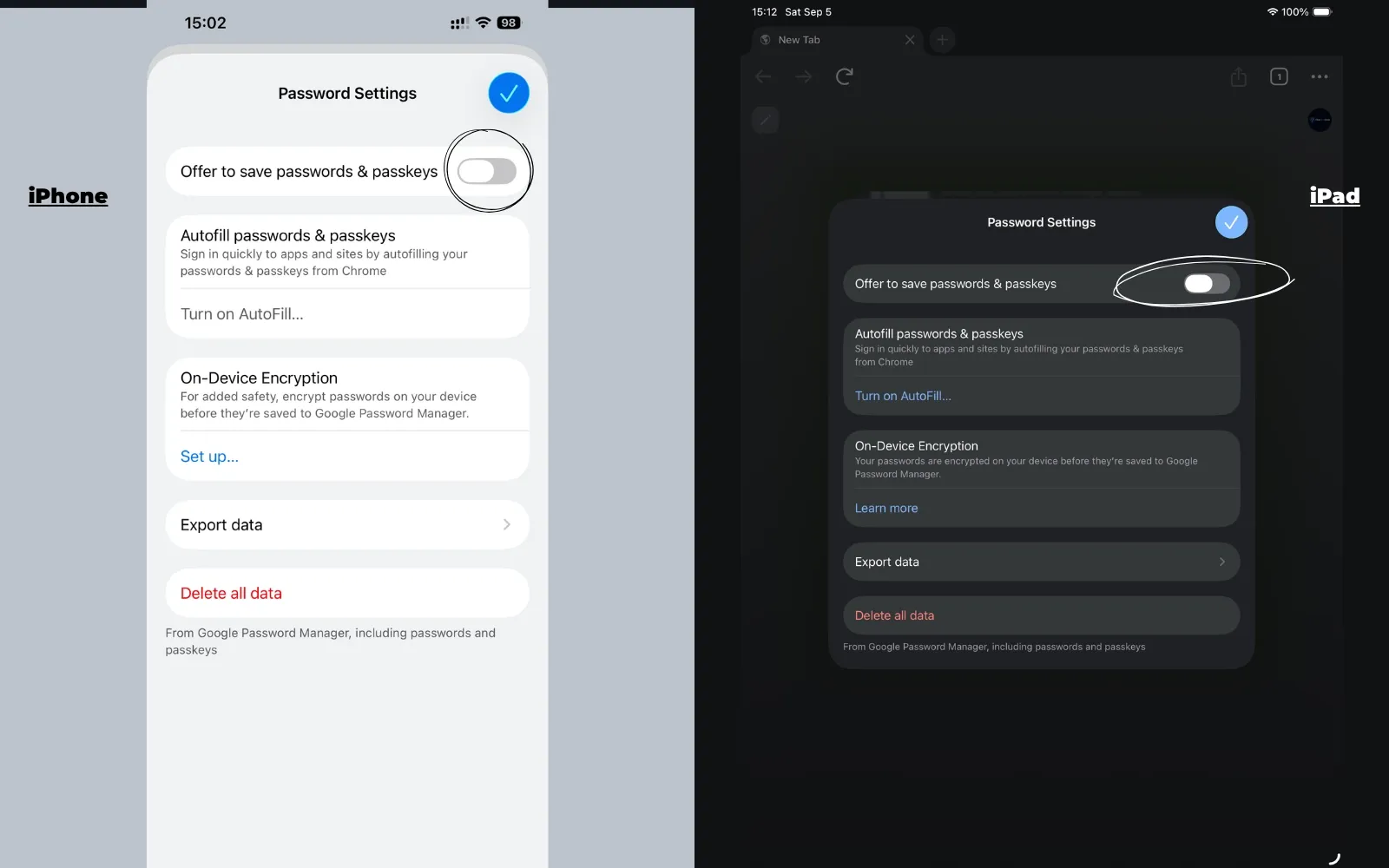 Chrome Password Manager settings on iPhone or iPad with Offer to Save Passwords turned off