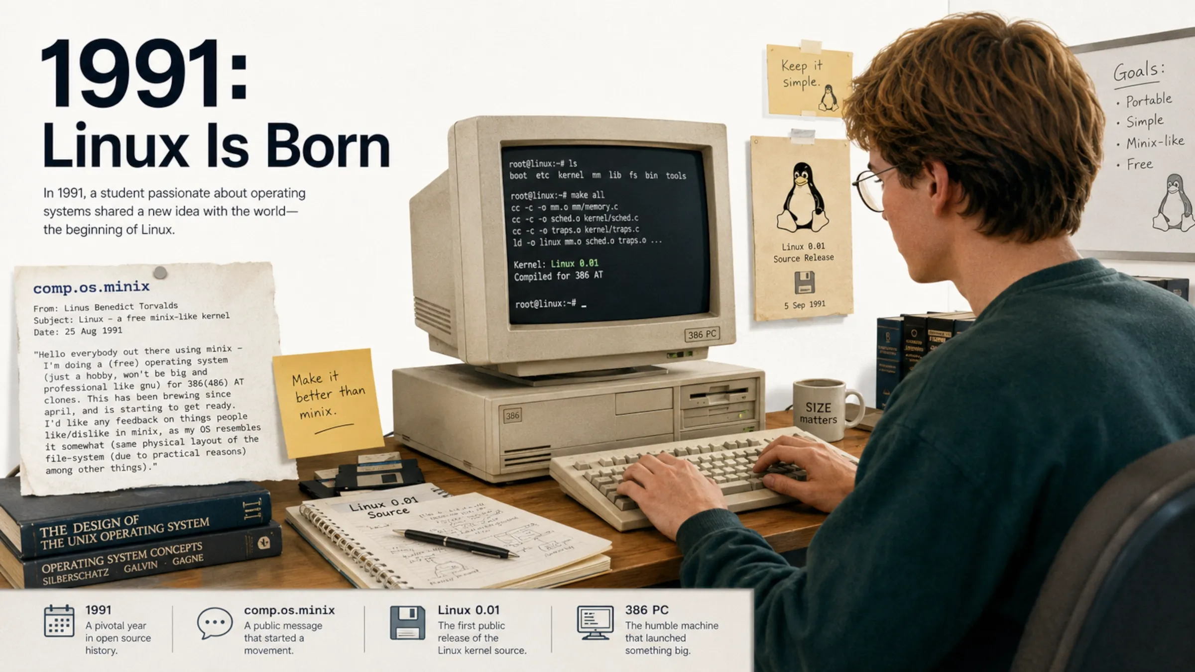Editorial illustration of the 1991 birth of Linux with a student programmer, a 386 PC and the first public announcement.