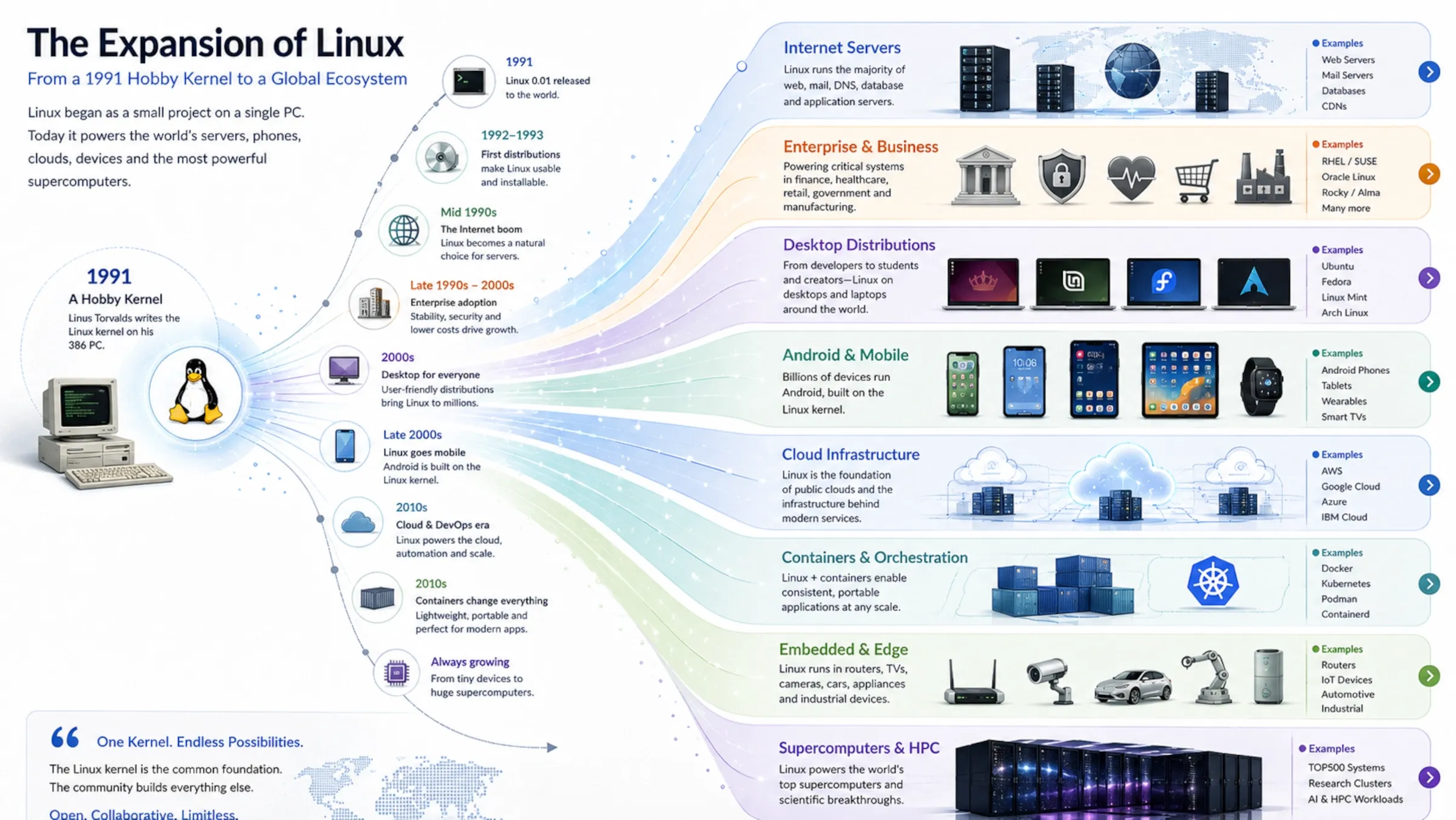 Visual map showing Linux expanding from a personal hobby project into servers, enterprise systems, Android, cloud computing and supercomputers.
