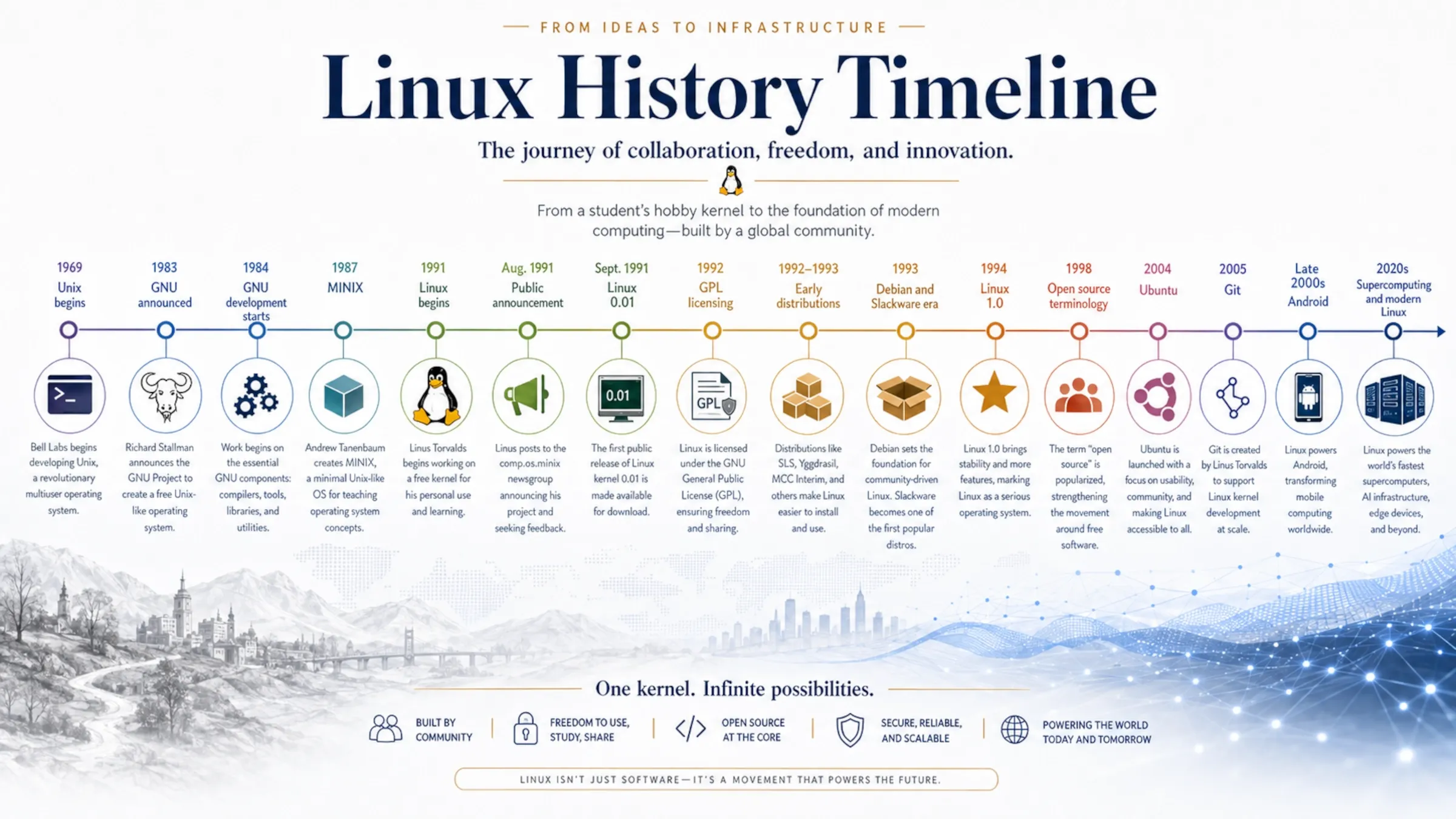 Timeline of Linux history from Unix in 1969 to Linux in the modern cloud, Android and supercomputing era.