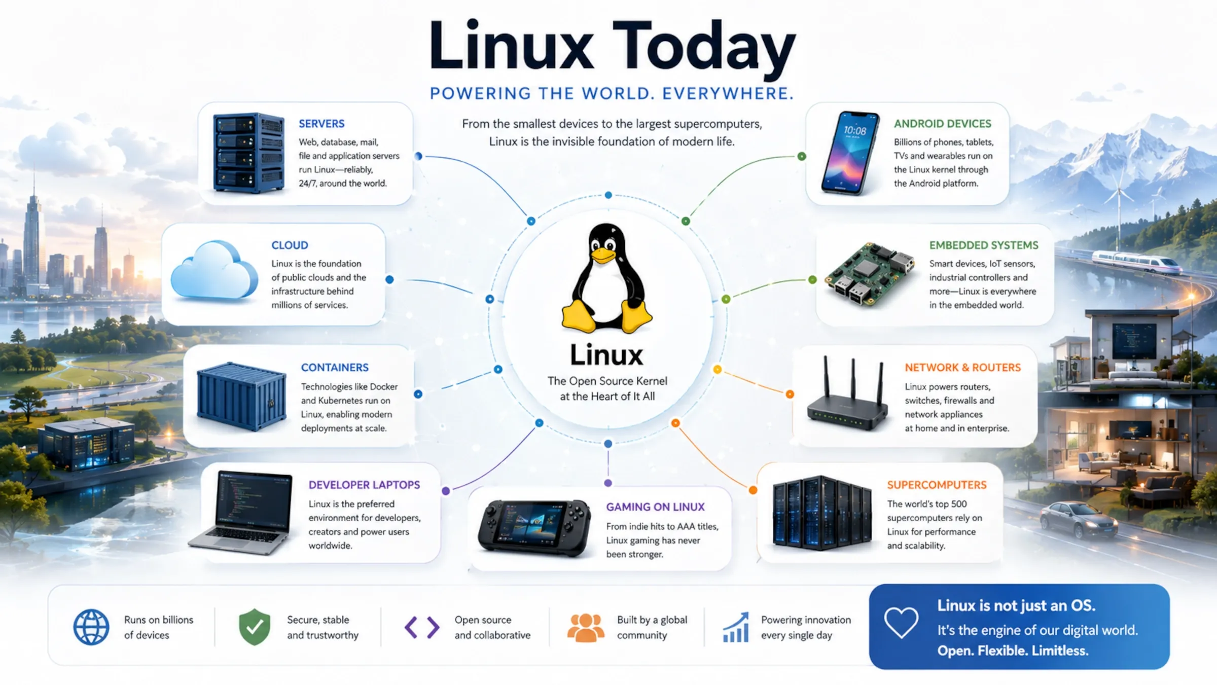 Modern Linux ecosystem showing servers, Android, cloud, containers, supercomputers, embedded devices and gaming.