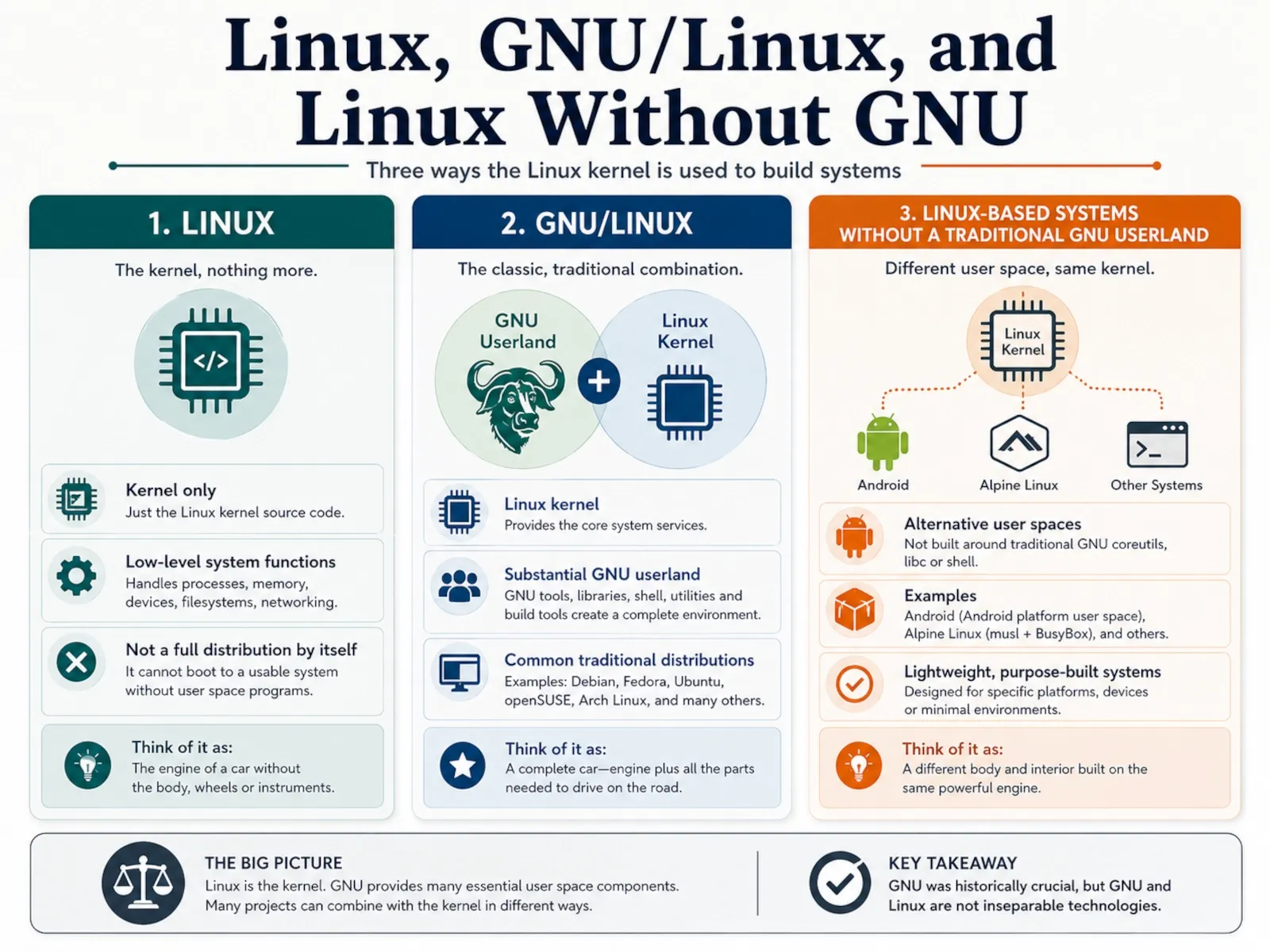 Comparison diagram showing Linux as a kernel, GNU/Linux as a GNU-plus-Linux system, and Linux-based systems that do not rely on a traditional GNU userland.
